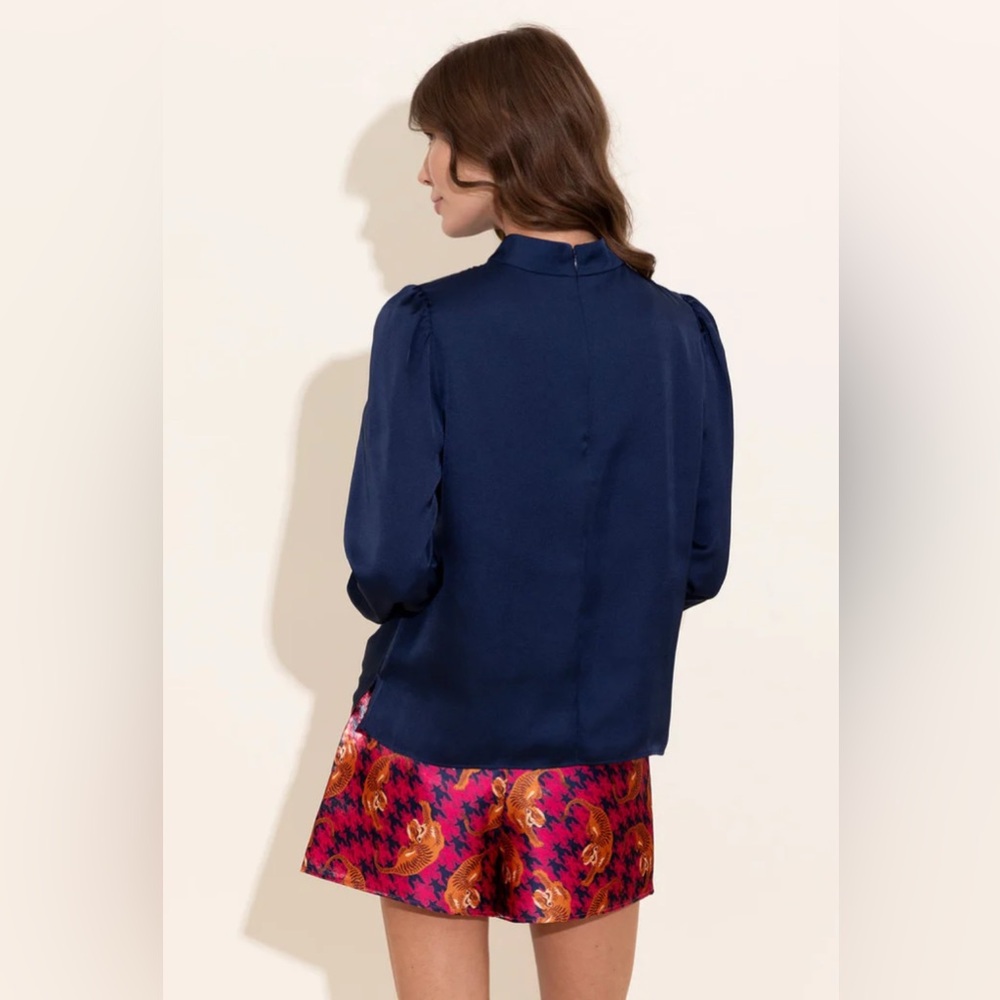 Navy Satin High-Neck Long-Sleeve Blouse - Picture 8 of 11
